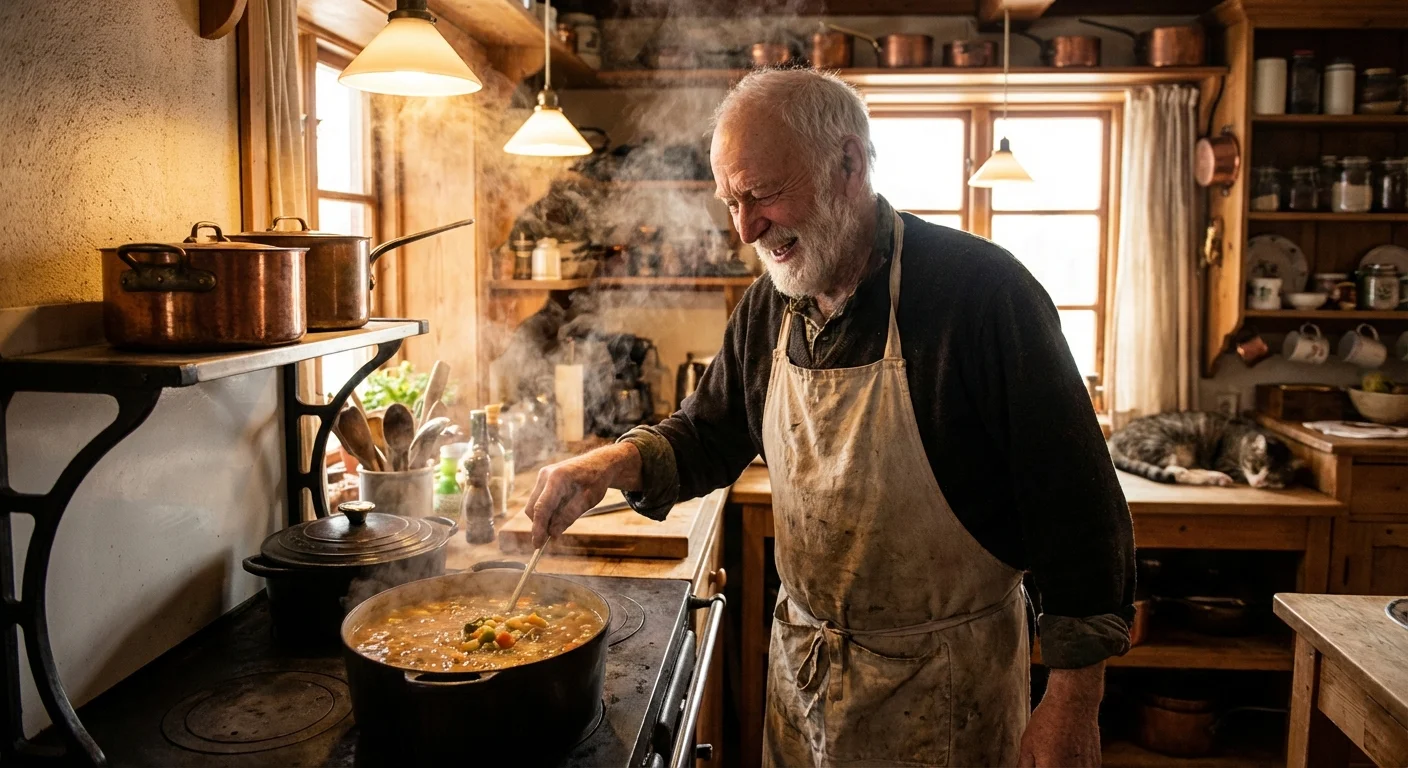 A senior man cooking a pot of soup in a warm kitchen.