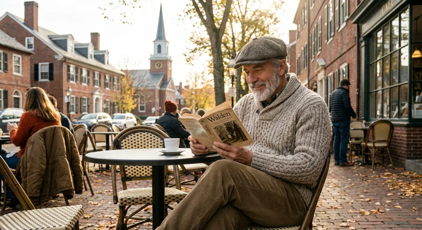 A senior man enjoying a quiet moment at a charming New England outdoor cafe.