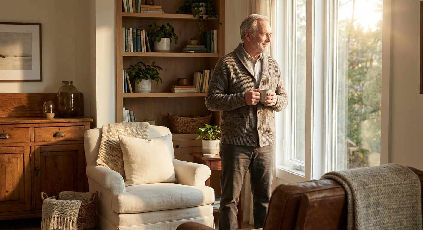 A senior man enjoying the comfort of his well-insulated, sunlit home.