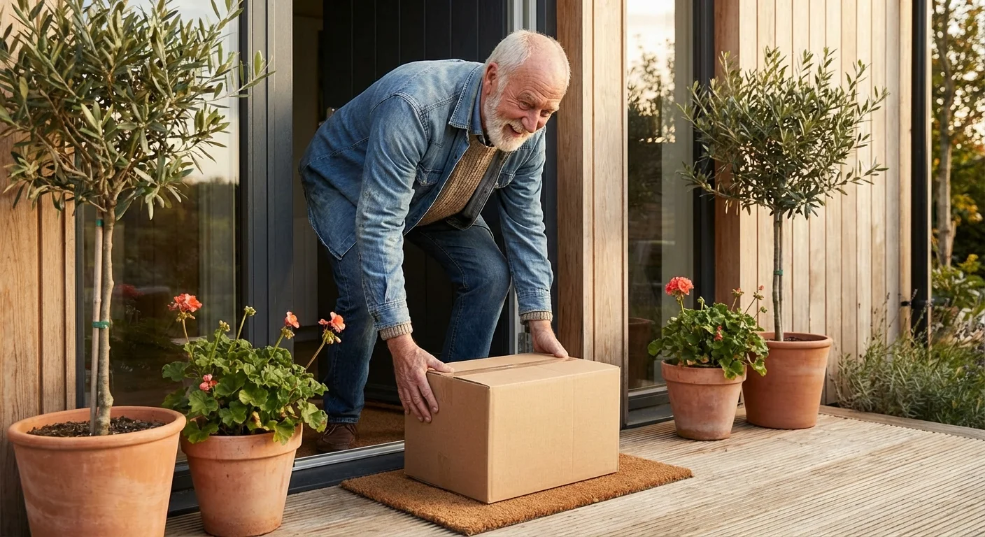 A senior man happily receiving a delivery at his front door.