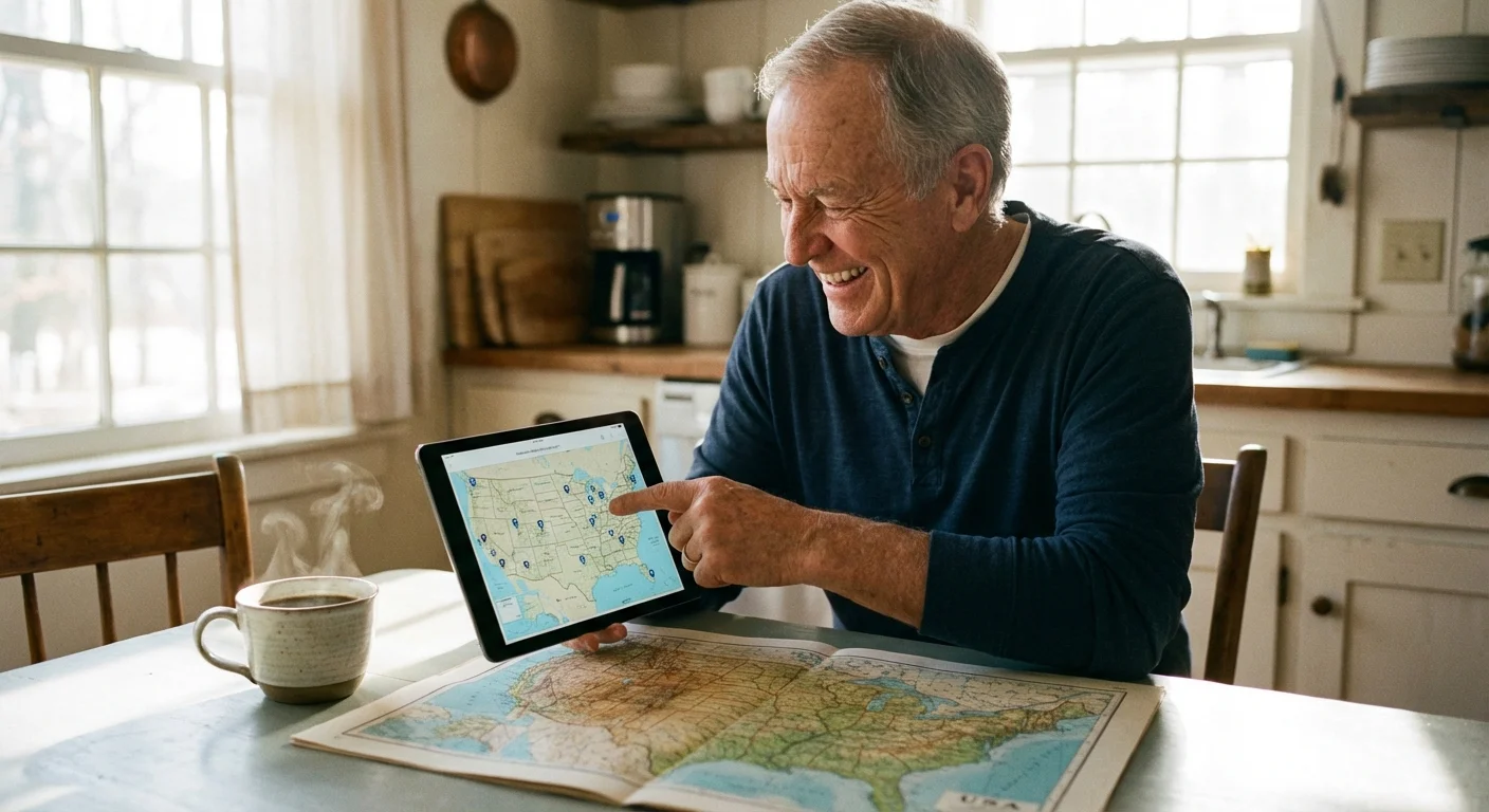 A senior man happily researching retirement locations on a tablet in a bright, modern kitchen.