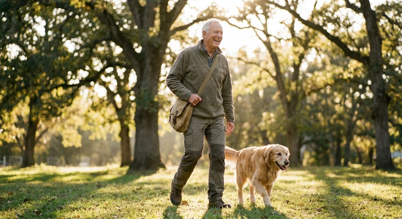 A senior man happily walking a dog in a sunny park.