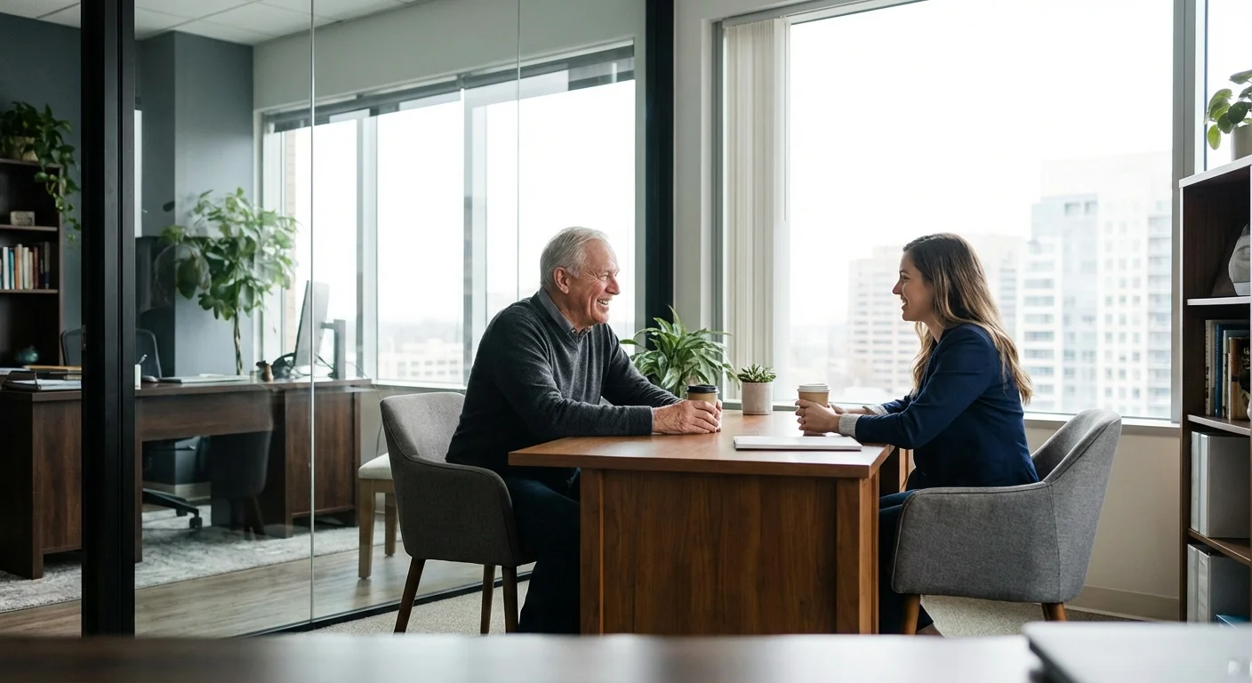 A senior man in a professional meeting at a bright, modern office.
