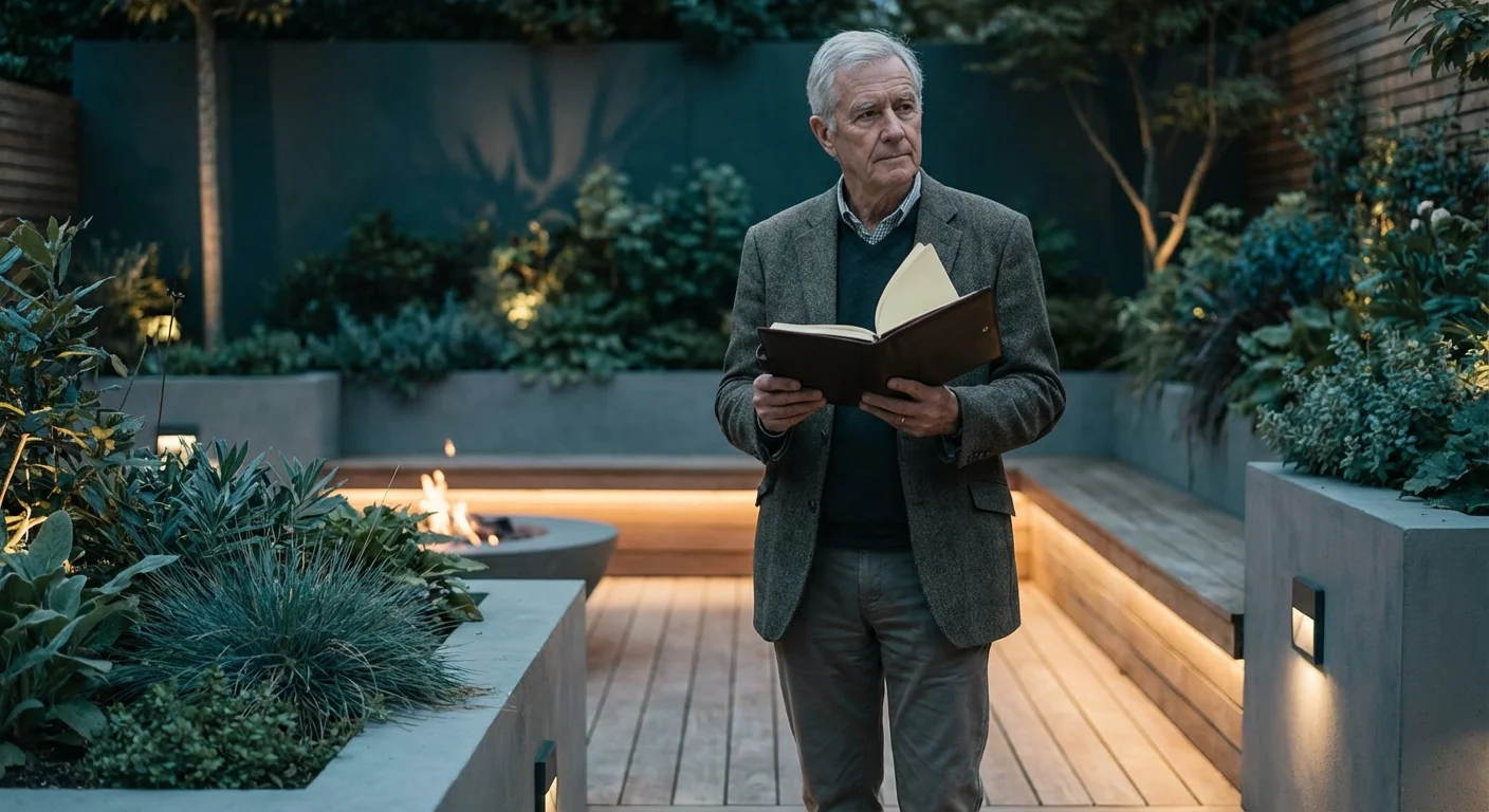 A senior man looking at a blank planner in a garden, symbolizing the uncertainty of a post-work schedule.