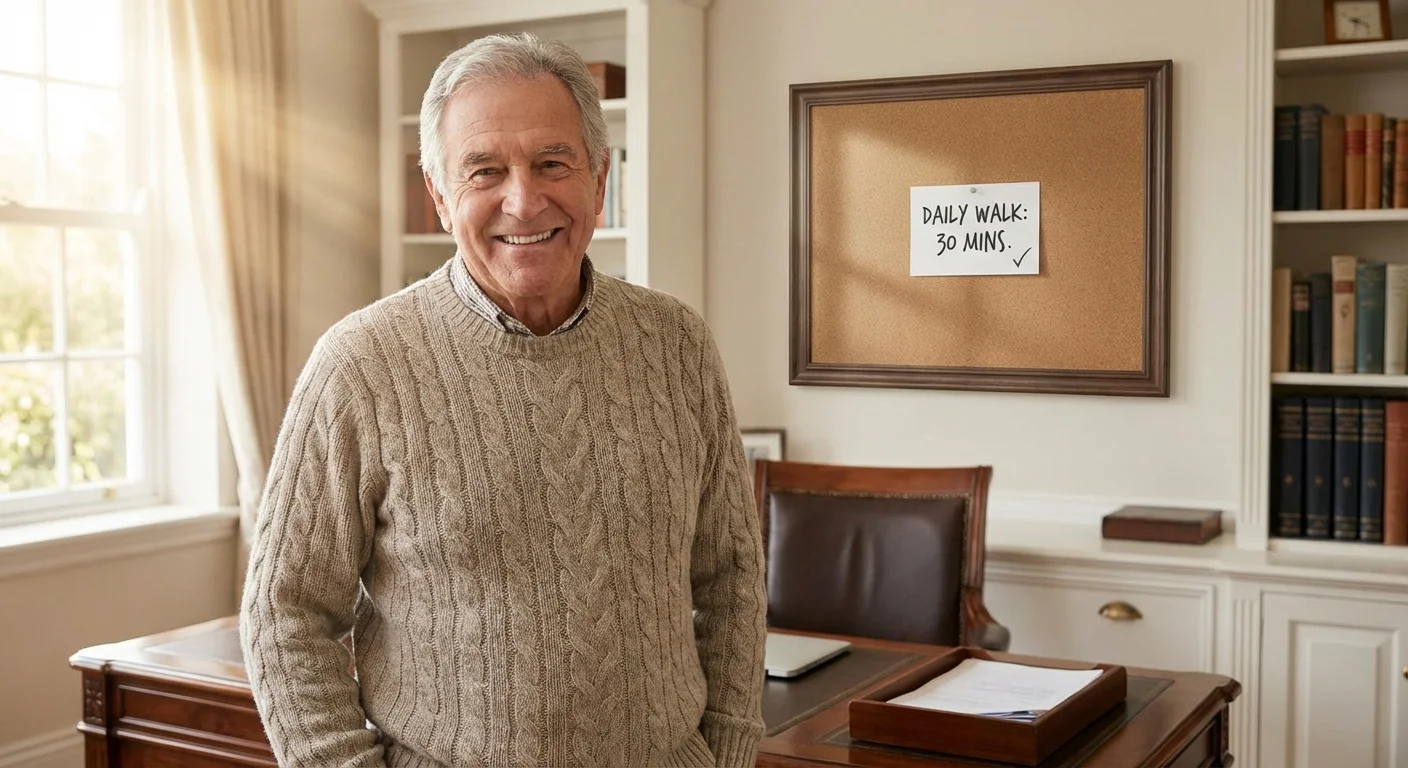 A senior man looking at a goal board with achievable financial milestones.