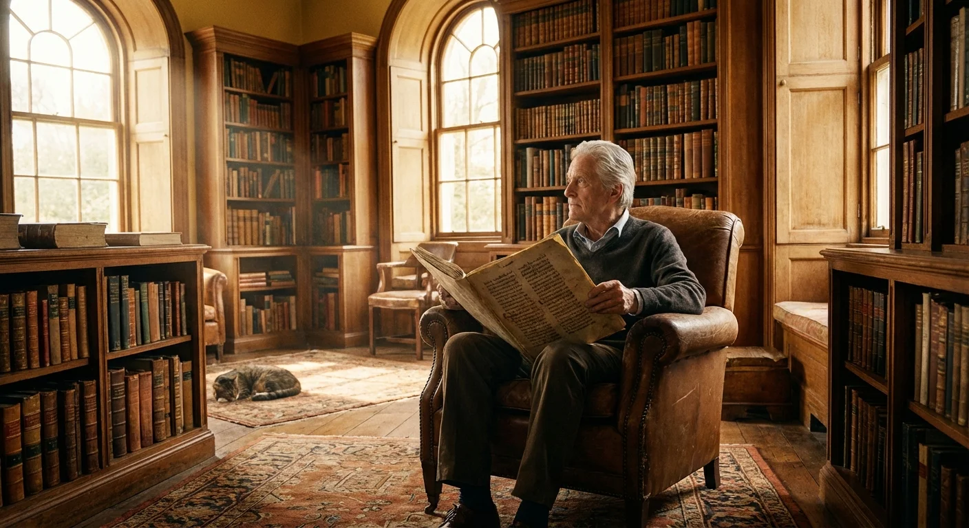 A senior man looking at a manuscript in a sun-filled library, symbolizing reinvention and new beginnings.
