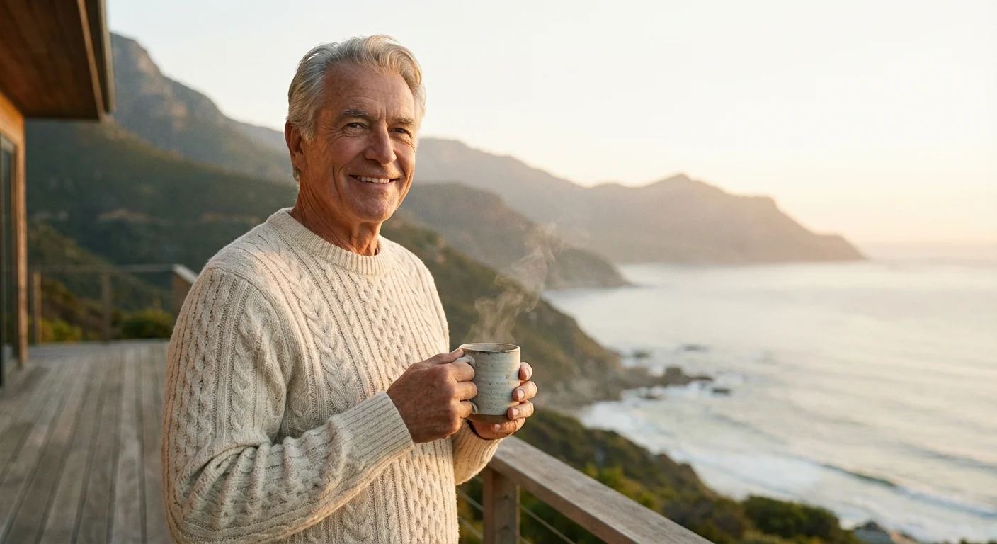 A senior man looking at a sunrise from a balcony, representing a new beginning.