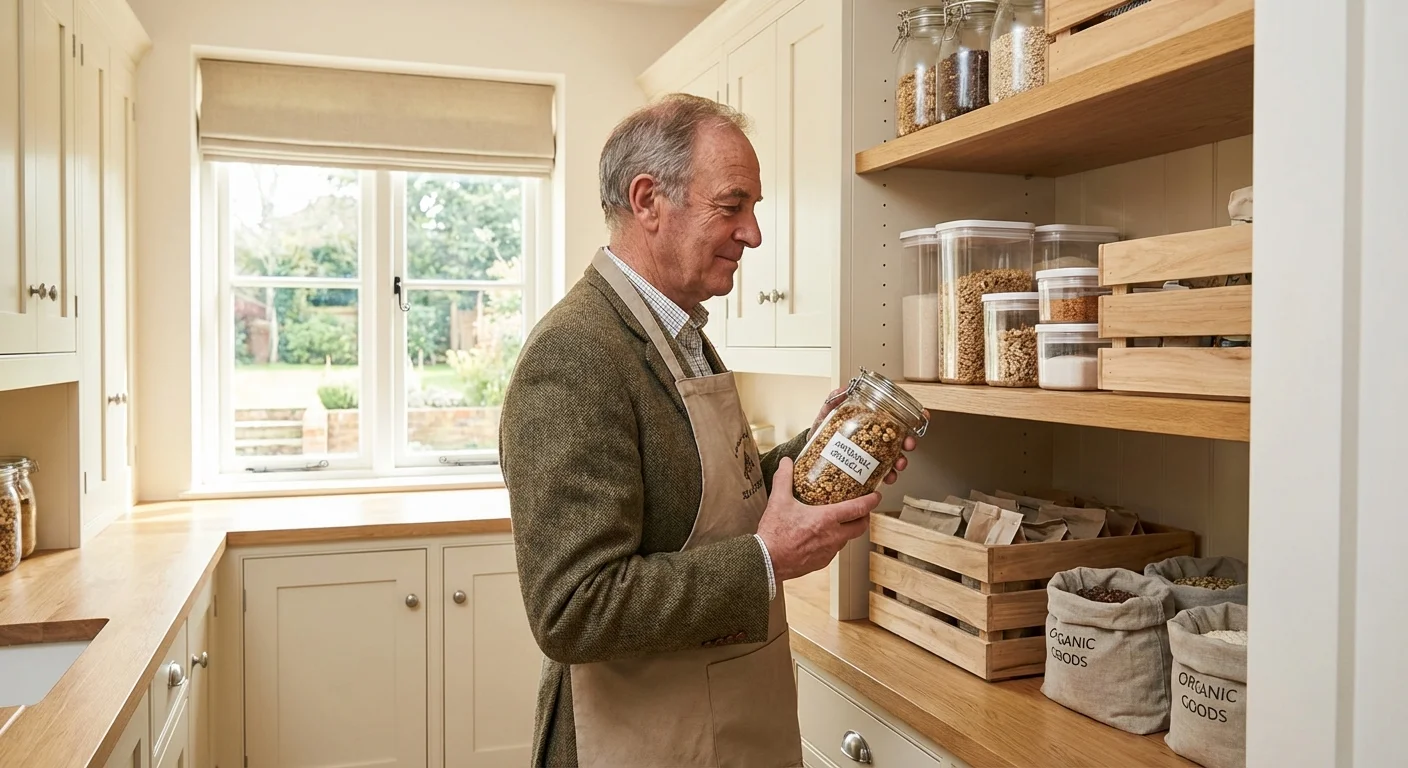 A senior man looking at food items in a well-organized pantry.