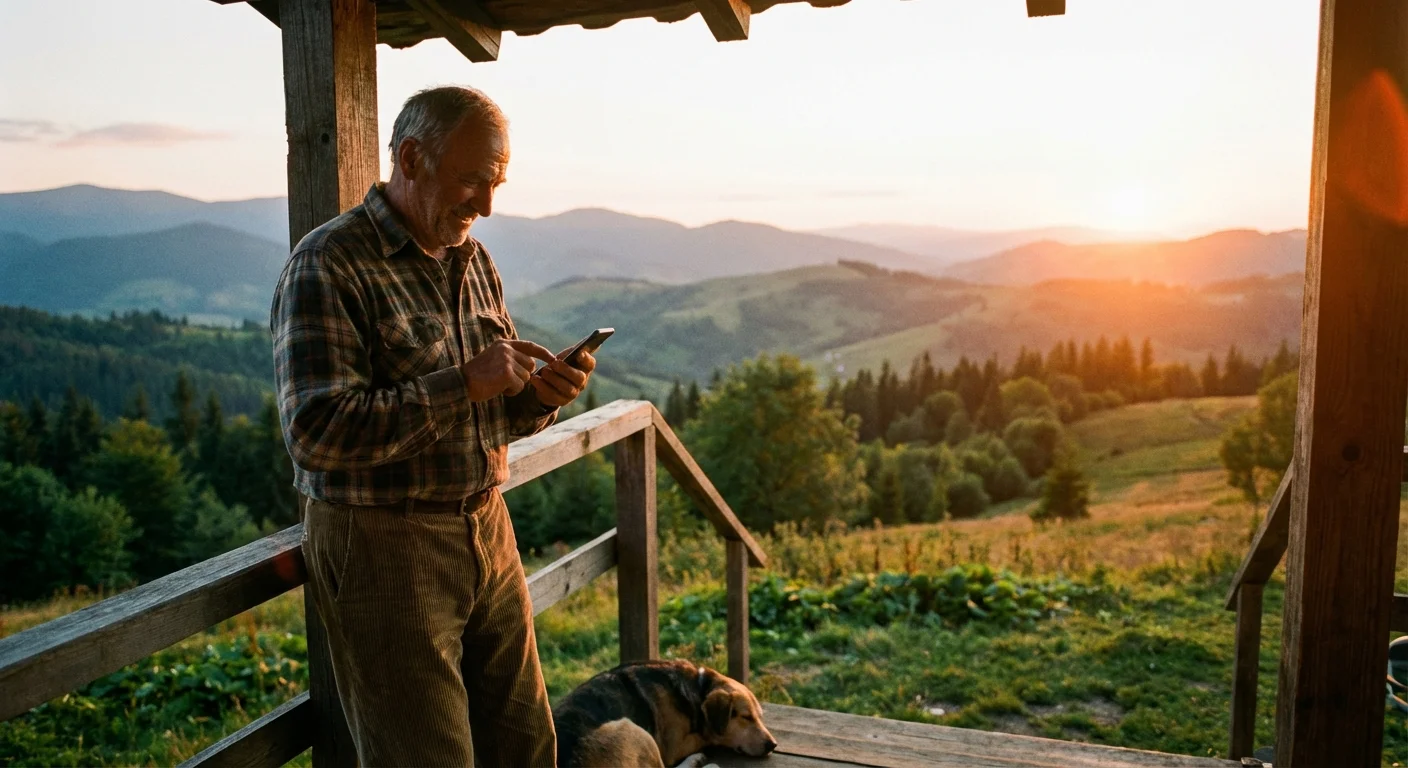 A senior man looking at his phone with a mountain backdrop, representing West Virginia.