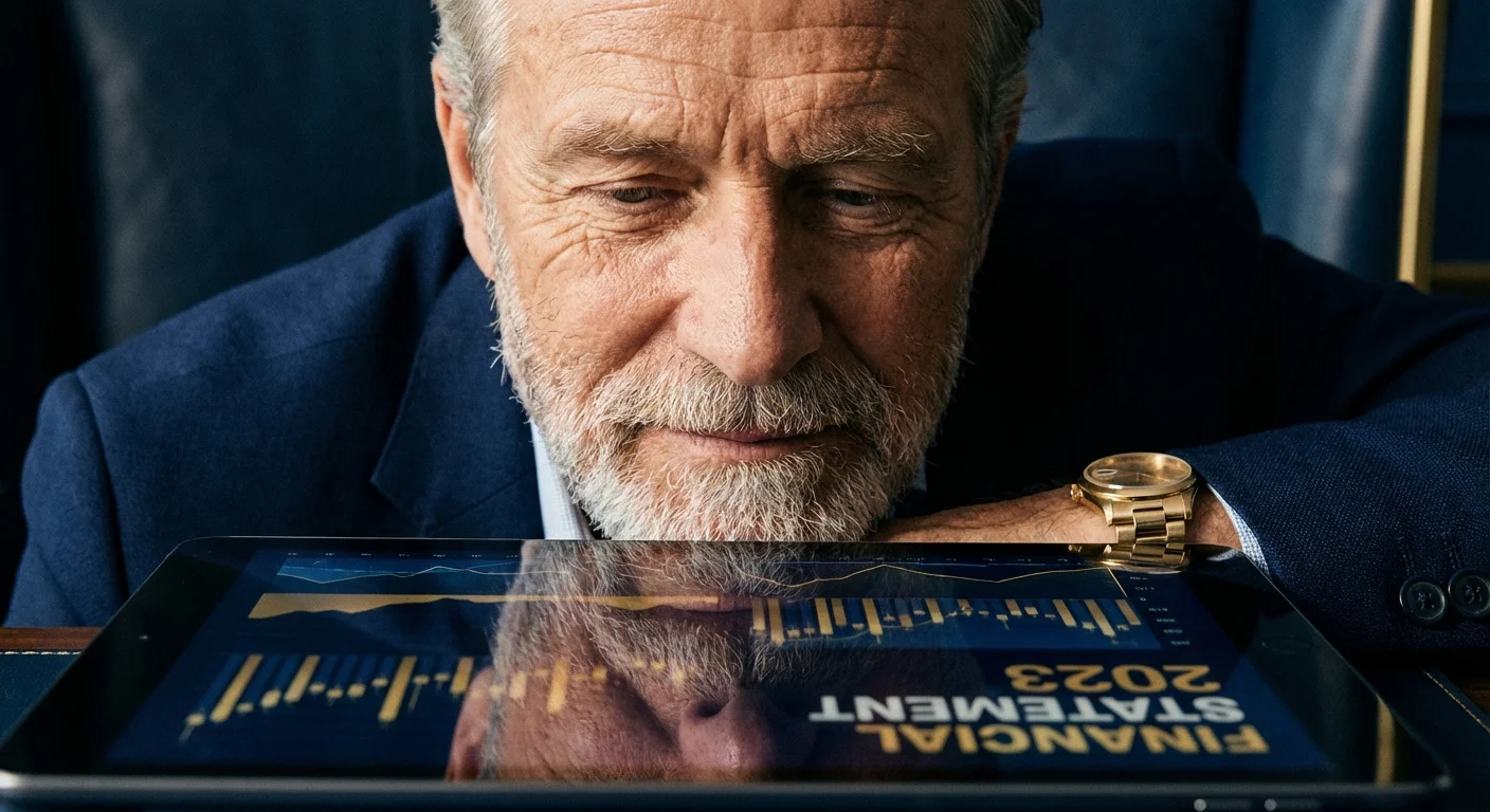 A senior man looking focused while reviewing a financial statement on a tablet.