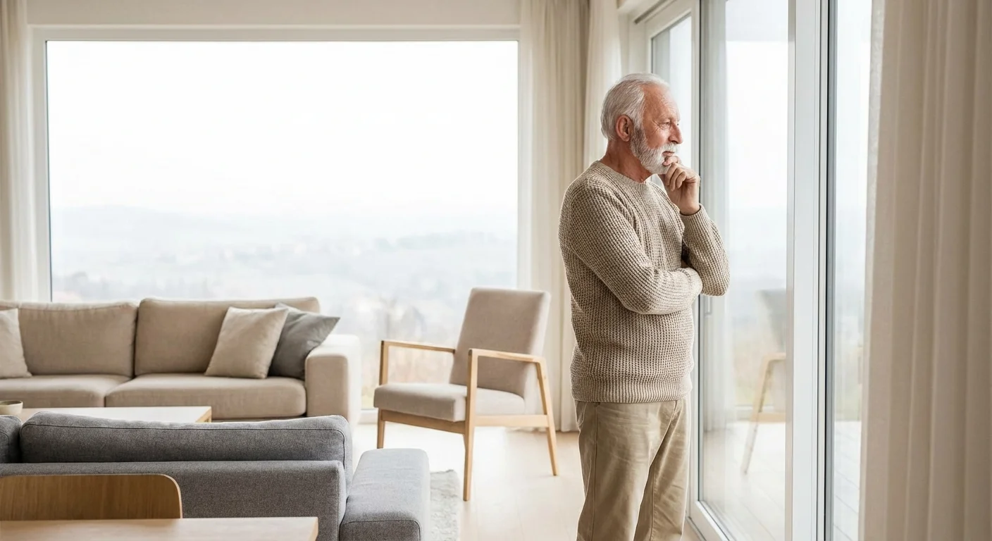 A senior man looking out a bright window, reflecting on his financial future.