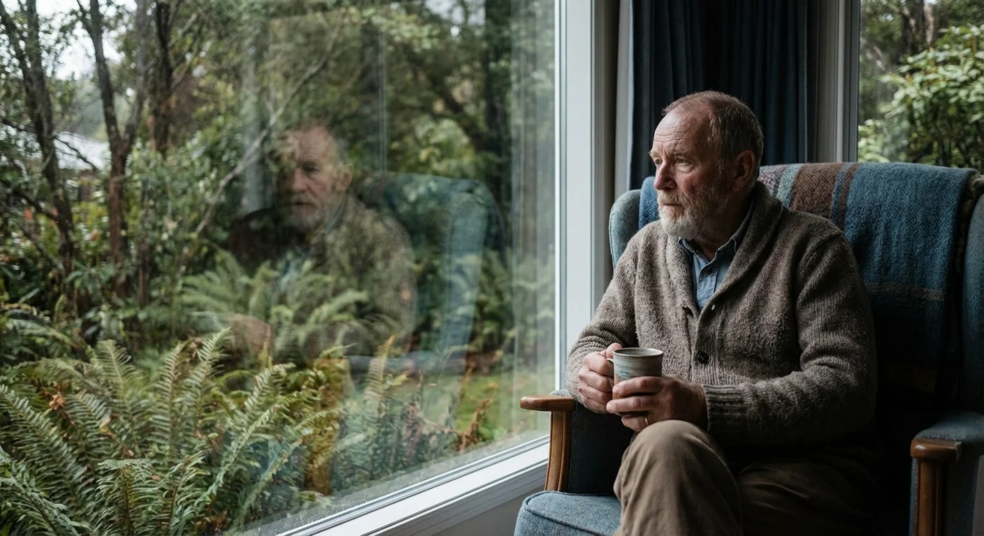 A senior man looking out a window at nature, reflecting on his day.