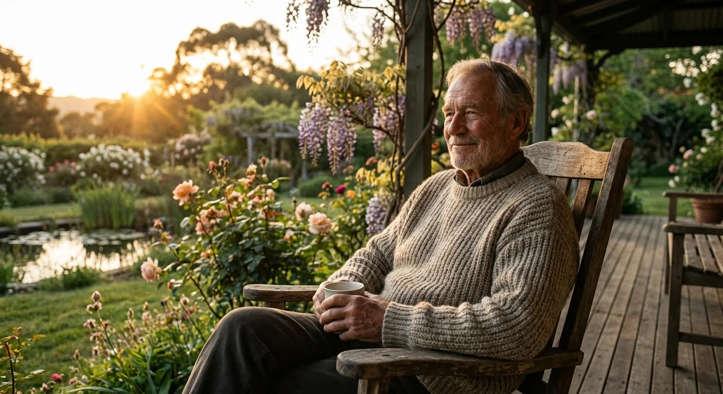 A senior man looking peaceful while sitting on a porch at sunset.