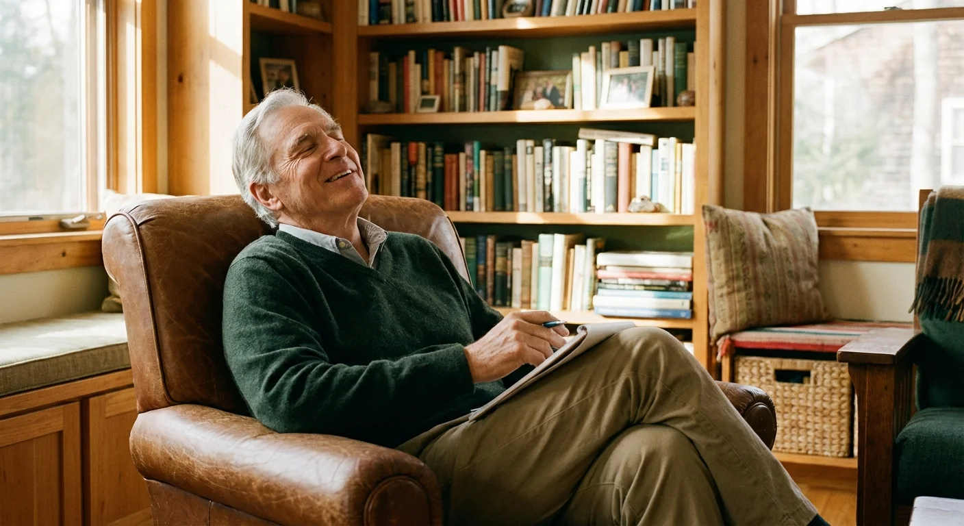 A senior man looking relieved and satisfied after completing his financial planning checklist in a cozy home office.