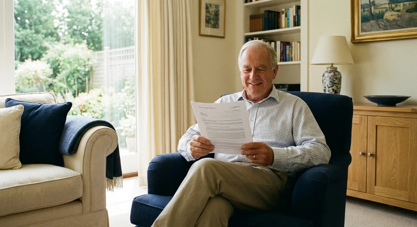 A senior man looking relieved while reviewing financial documents in a sunny room.