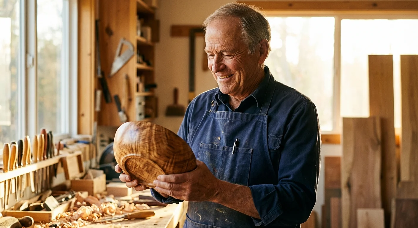 A senior man looking satisfied with his woodworking project in a warm, professional workshop.