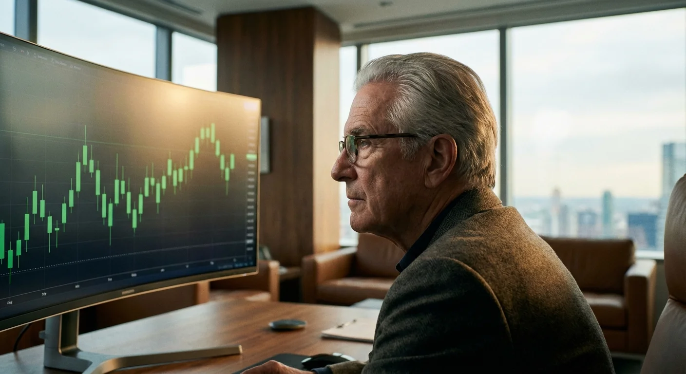 A senior man monitoring stock market trends on a computer screen in a home office.