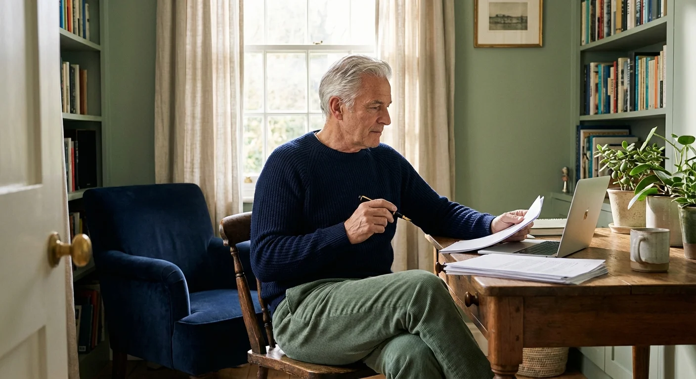 A senior man organizing financial documents in a bright, modern home office.