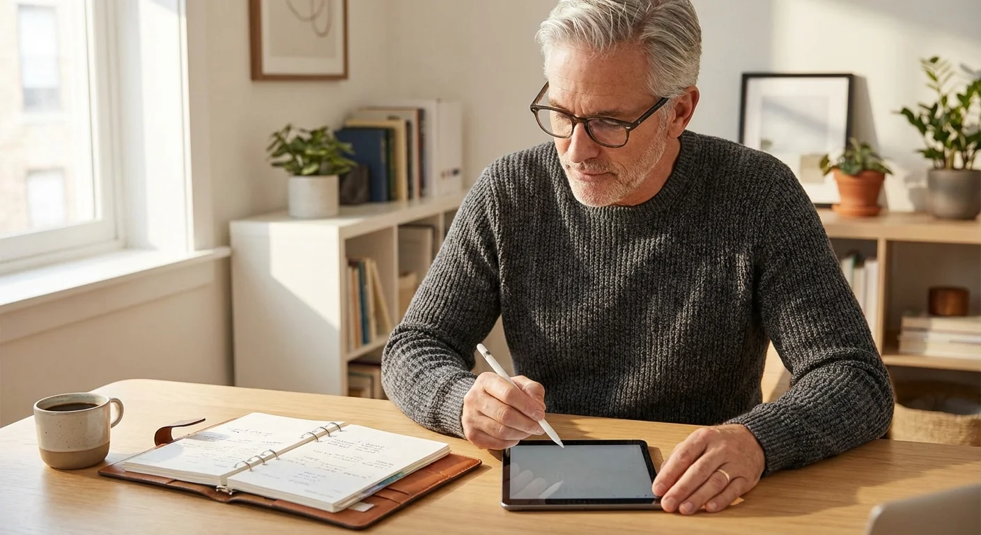 A senior man organizing his finances on a tablet in a bright, modern home office.