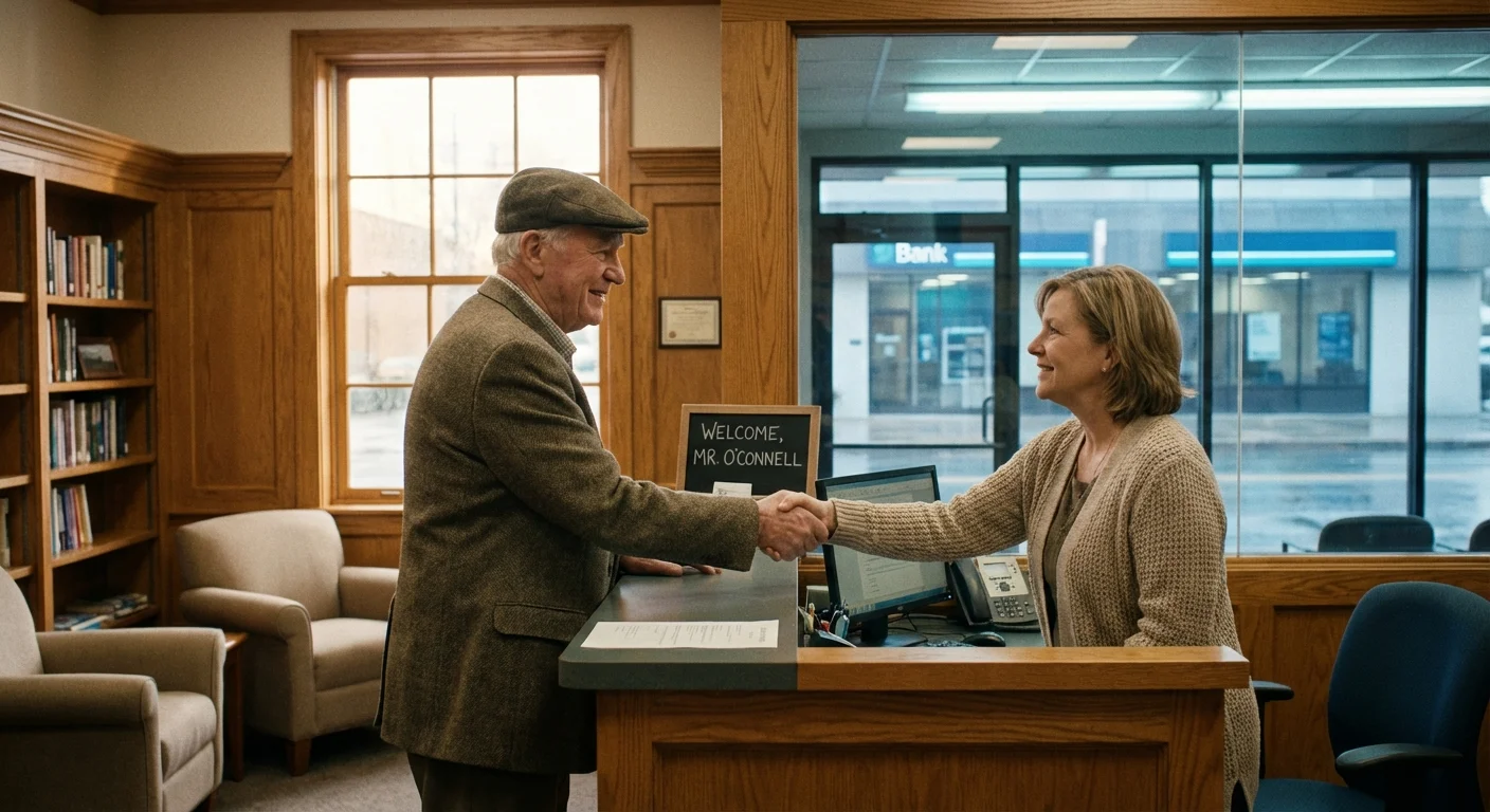 A senior man receives a warm welcome in a cozy, wood-accented credit union lobby.