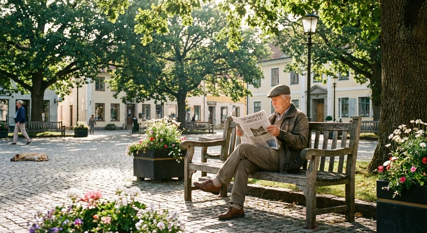 A senior man relaxes in a peaceful, car-free town square surrounded by trees.