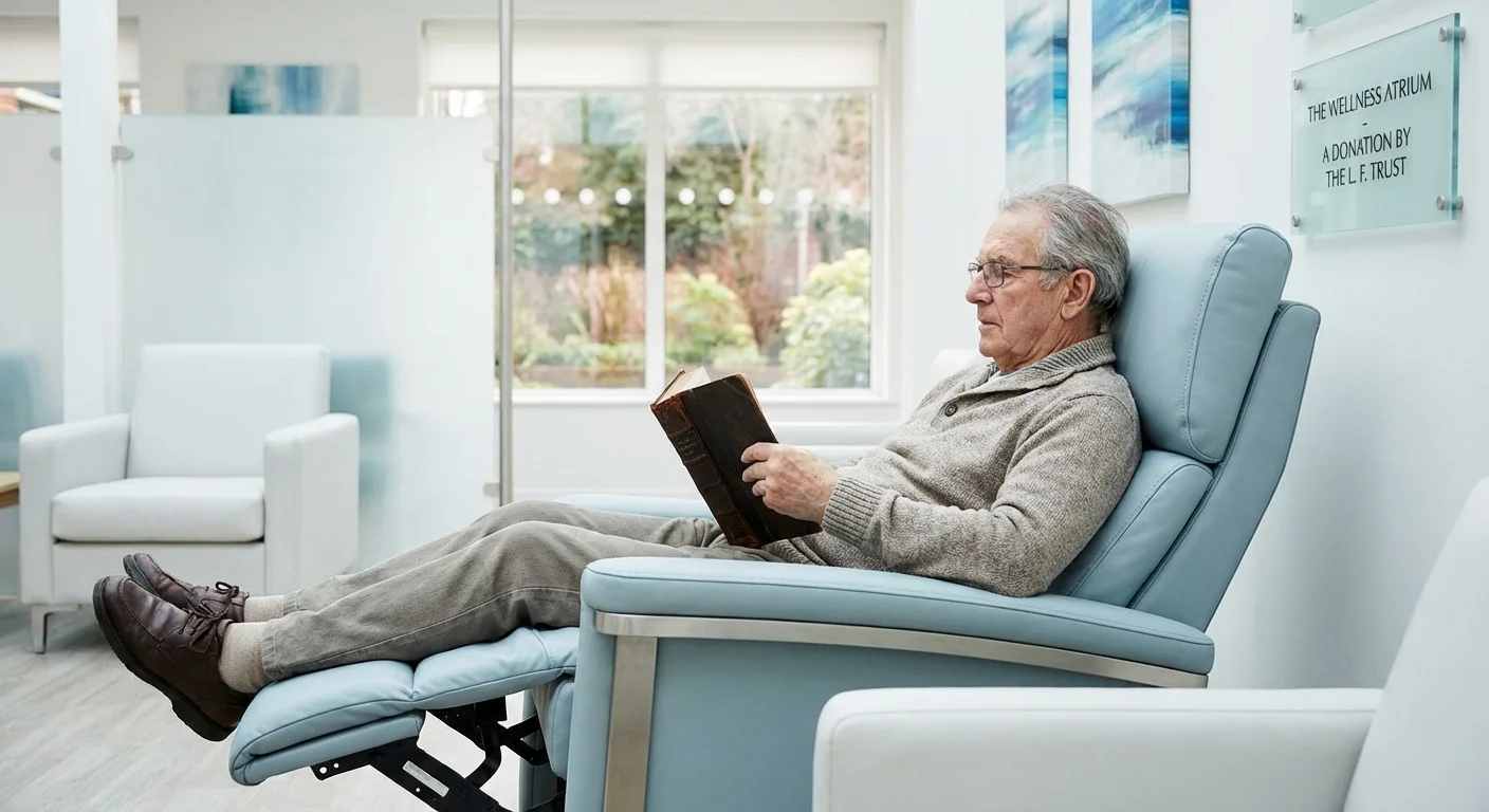 A senior man relaxing comfortably in a modern, bright lounge setting.