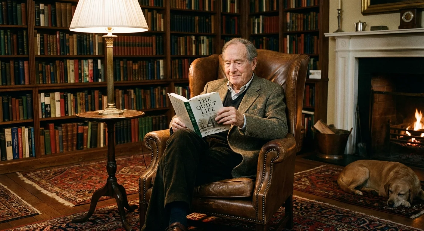 A senior man relaxing in a cozy home library, signifying the comfort of homeownership.