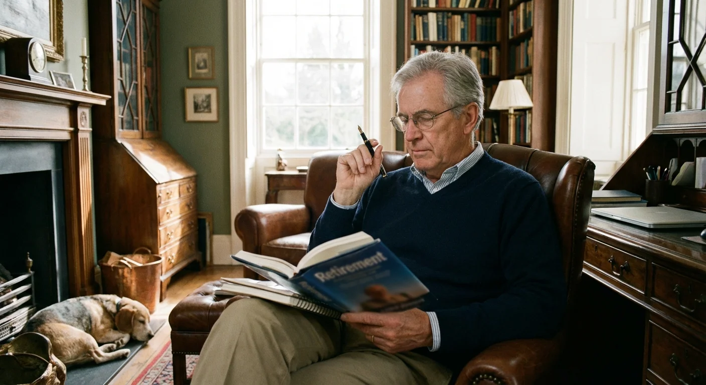 A senior man researching retirement accounts in his home library.
