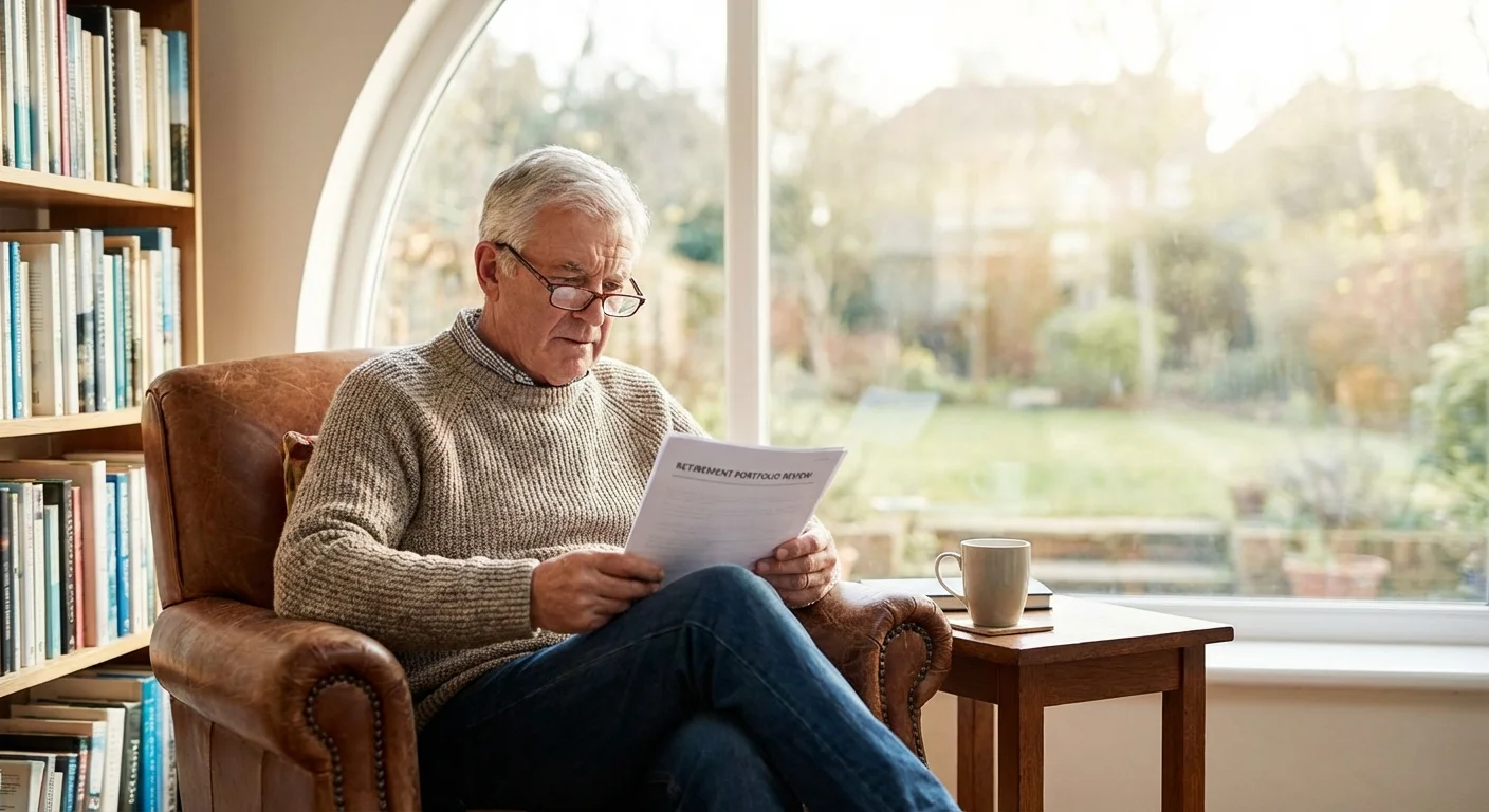 A senior man reviewing financial documents by a window, considering retirement relocation costs.