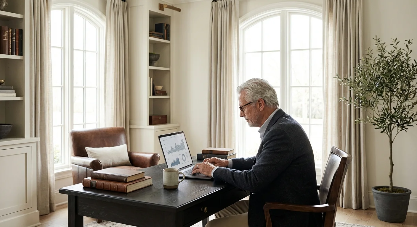 A senior man reviewing financial documents on a laptop in a sophisticated home office.