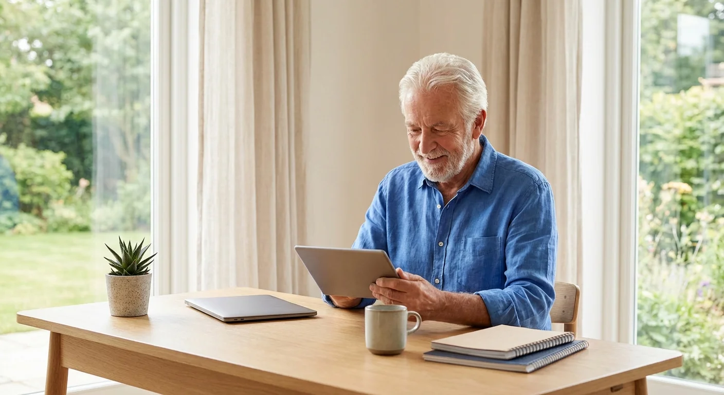 A senior man reviewing financial options on a tablet in a bright home office.