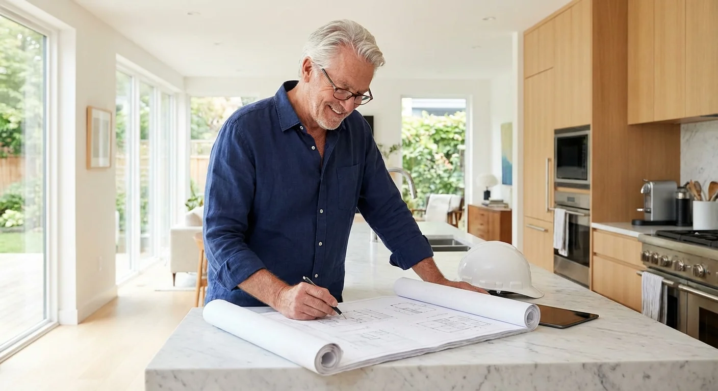 A senior man reviewing house plans in a modern kitchen, illustrating the house flipping process.