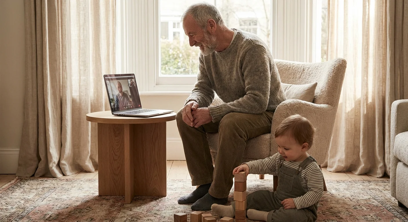 A senior man smiling near his grandchild with a laptop nearby, illustrating family-related tax benefits.