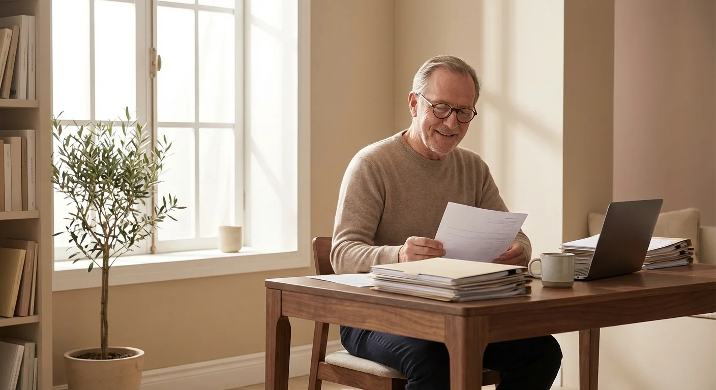 A senior man smiling while reviewing tax documents at a bright desk.