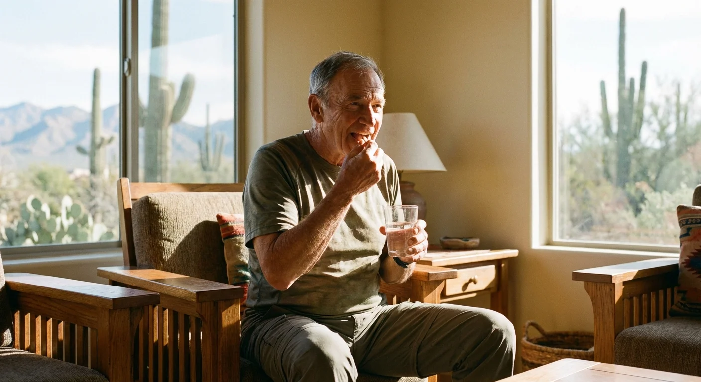 A senior man taking vitamins in a sunlit Arizona living room.