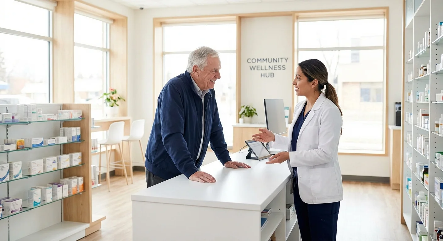 A senior man talking to a pharmacist in a bright, clean pharmacy.