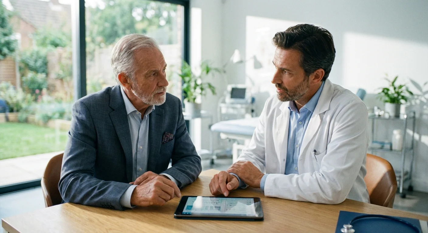 A senior man talking with a healthcare professional in a bright office.