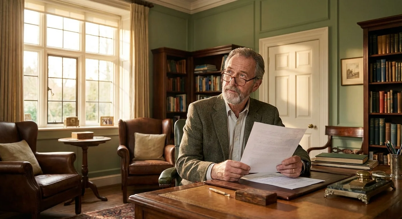 A senior man thoughtfully reviewing financial documents in a home office.