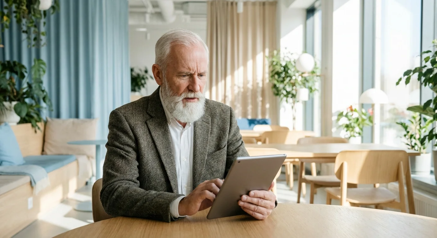 A senior man using a tablet in a modern office, representing the hunt for a new career path.
