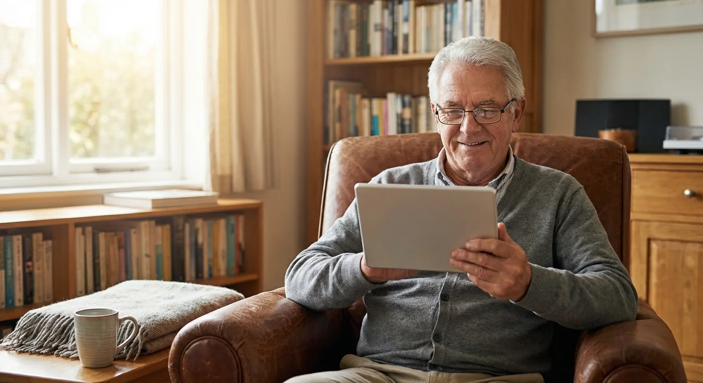 A senior man using a tablet in a sunlit, comfortable living room.
