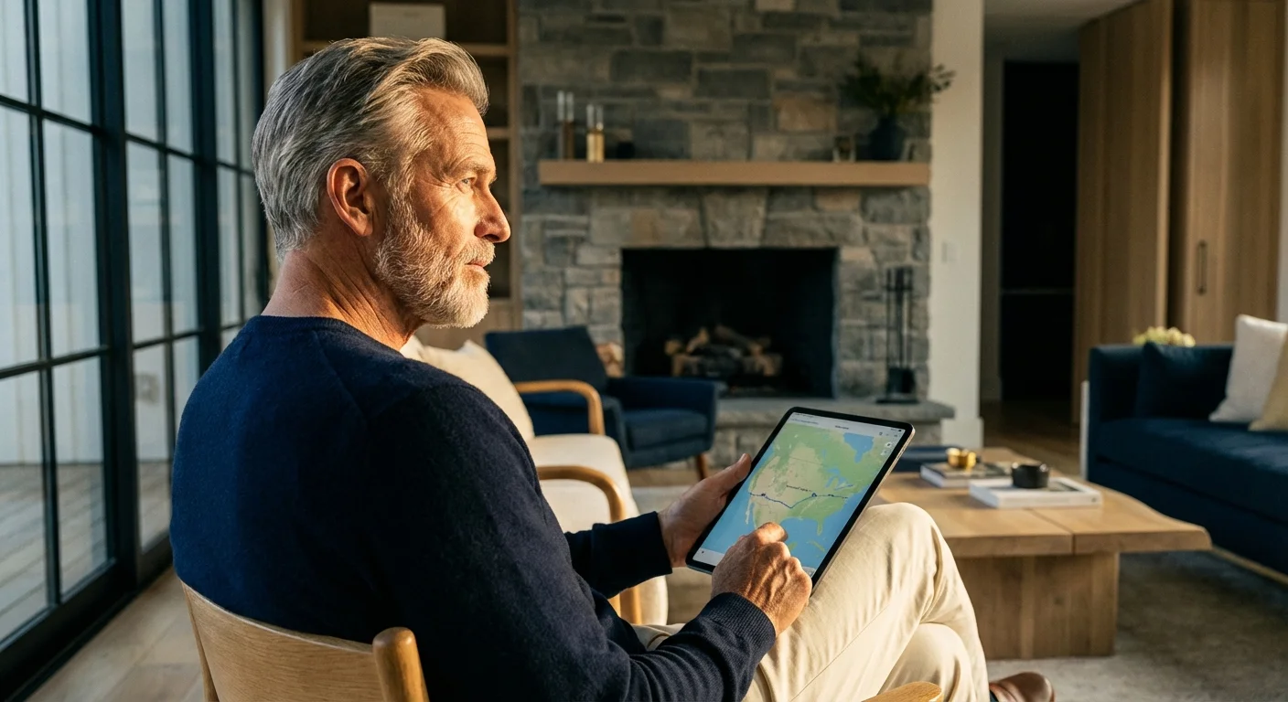 A senior man using a tablet to research tax-friendly states for retirement by a window.