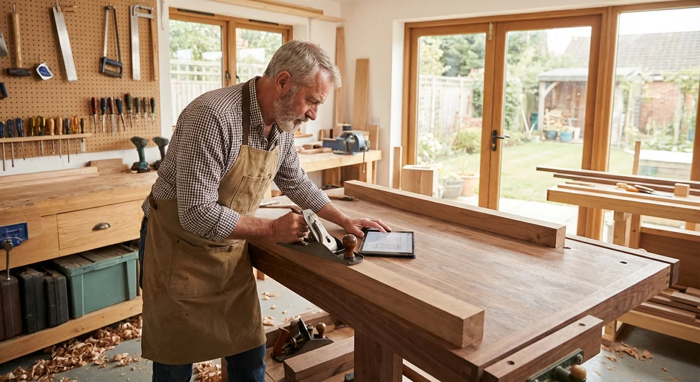 A senior man working on a creative project in a bright studio.