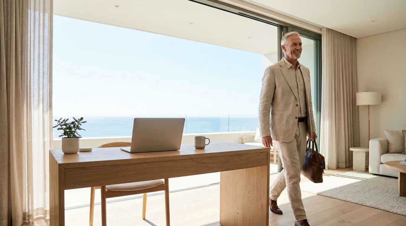 A senior professional walking away from their desk toward a bright, open space.