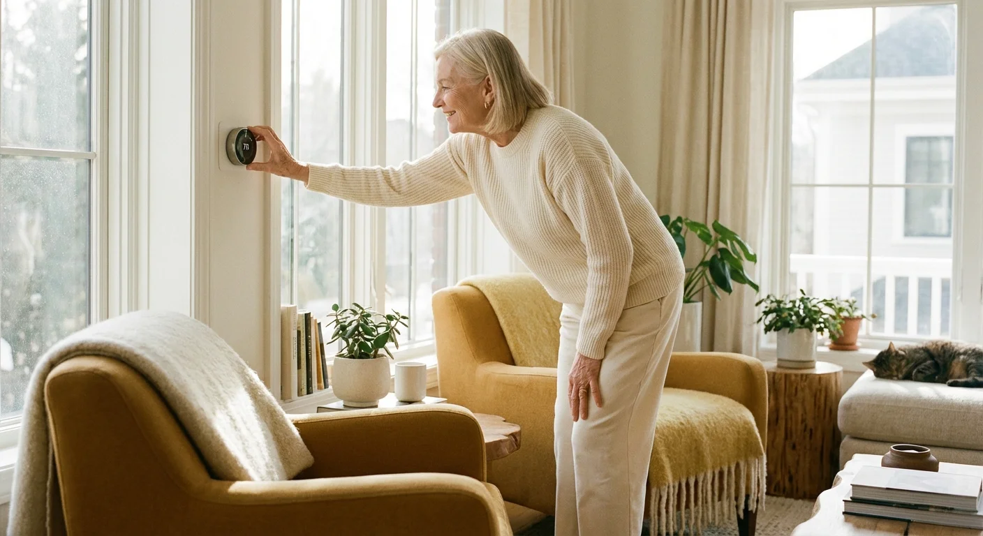 A senior woman adjusting a modern thermostat in a sunlit living room.