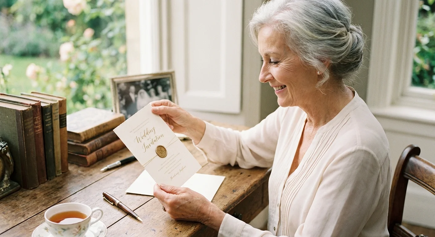 A senior woman admiring a high-quality wedding invitation at a desk.