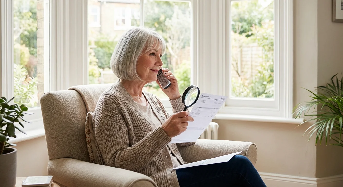 A senior woman calmly holding a phone and reviewing a document by a window.