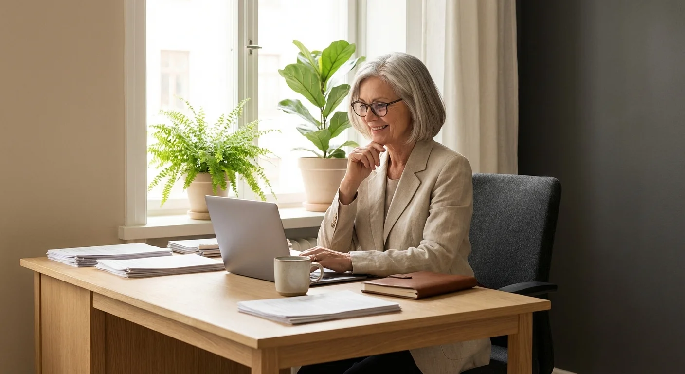 A senior woman carefully reviewing financial documents on her laptop in a bright home office.