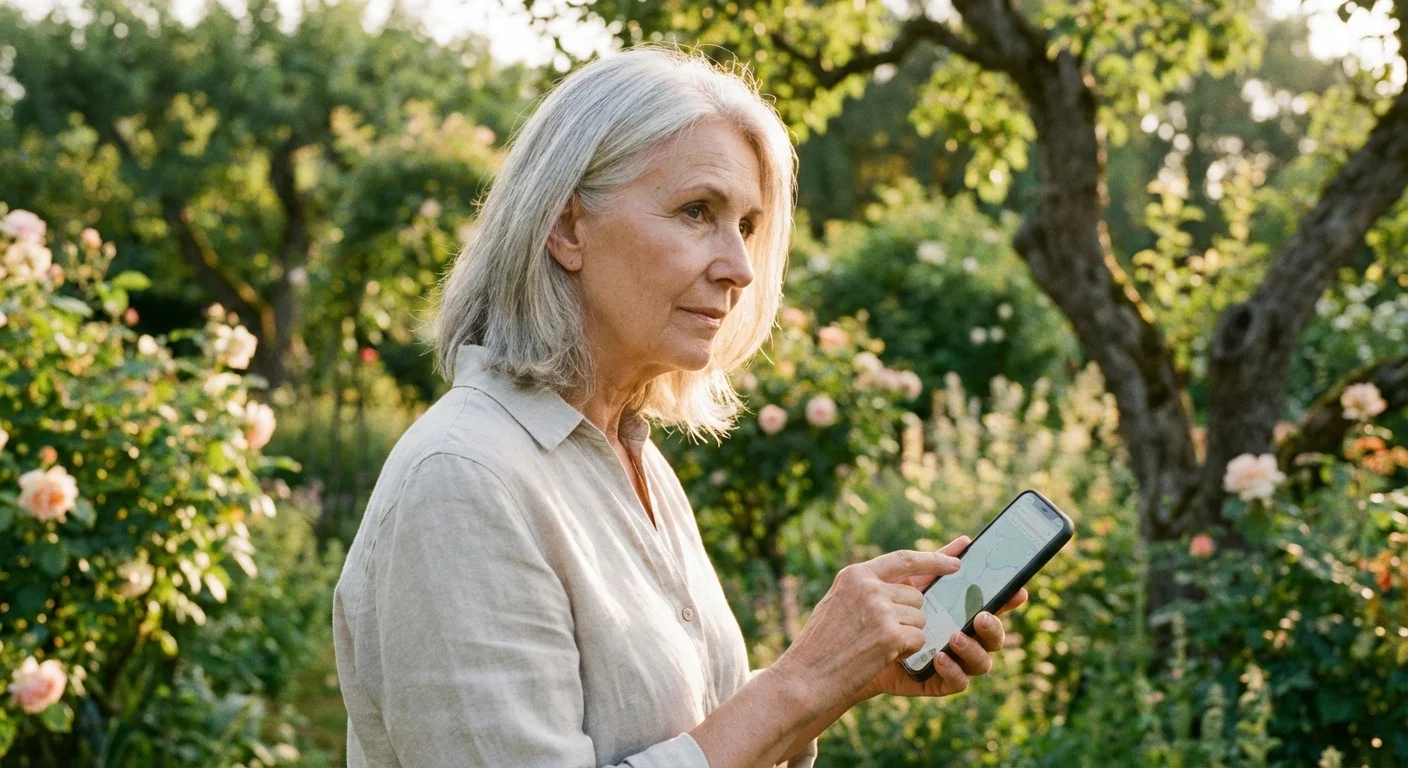 A senior woman checks her phone in a garden, representing the digital and branch access considerations of credit unions.