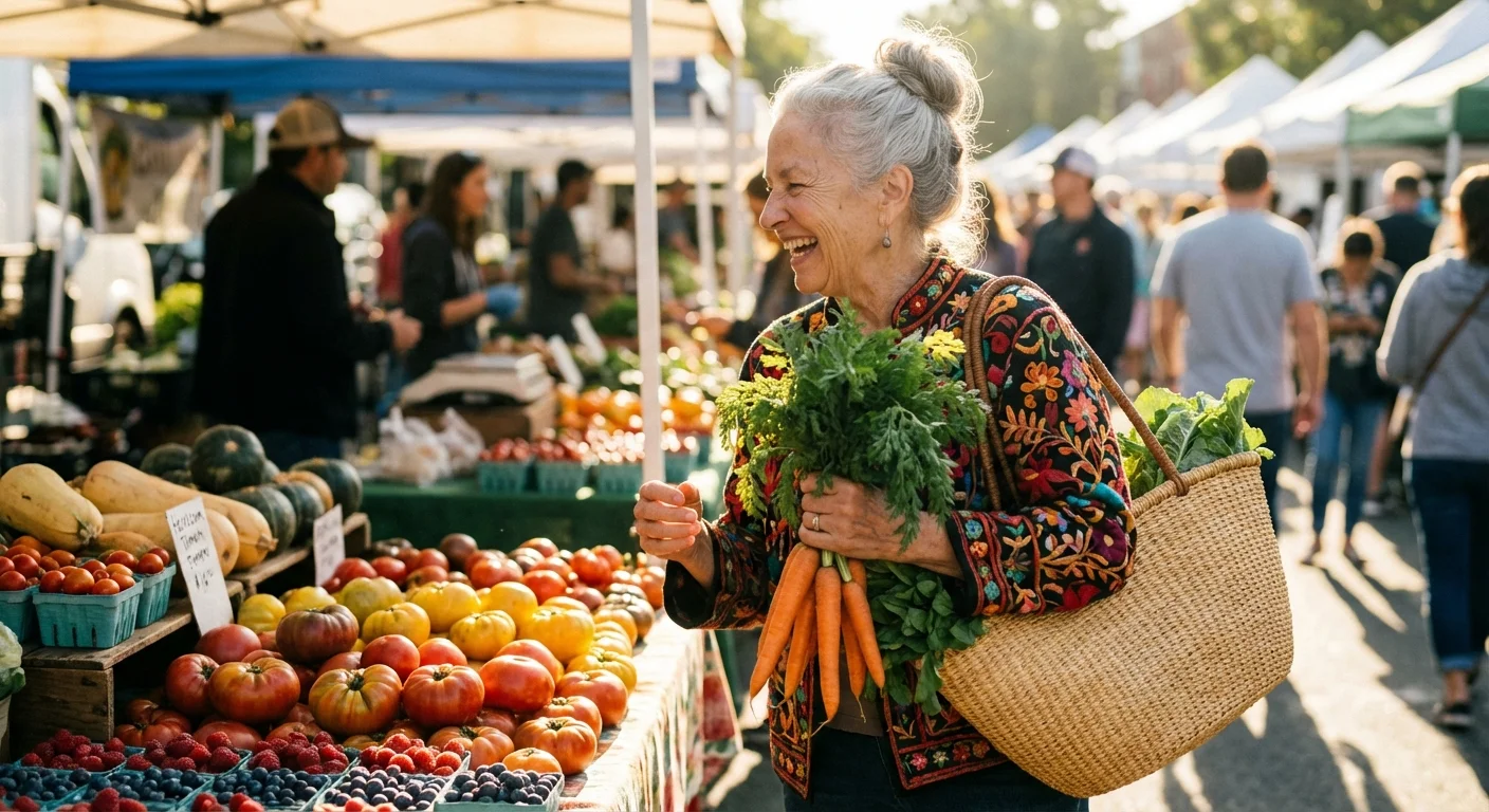 A senior woman choosing fresh vegetables at a sunlit outdoor market.