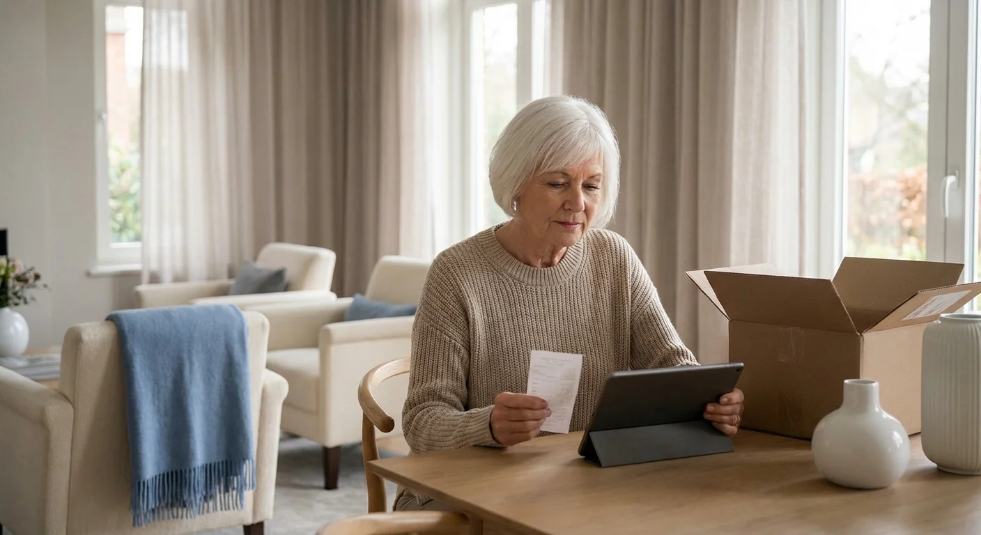 A senior woman comparing a store receipt to an online statement.